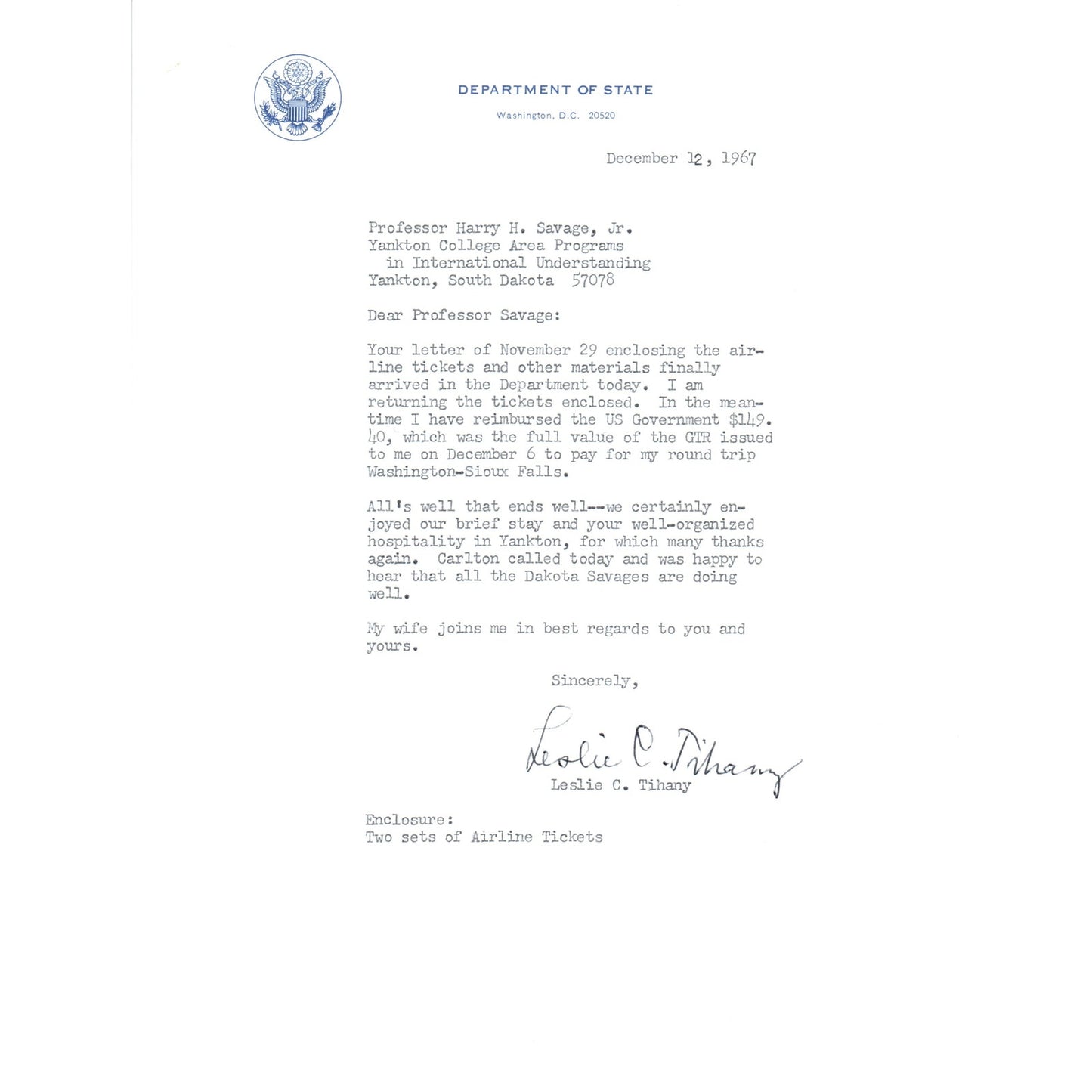 Official US Department of State Letterhead Memo Leslie C. Tihany 12/12/67 B16