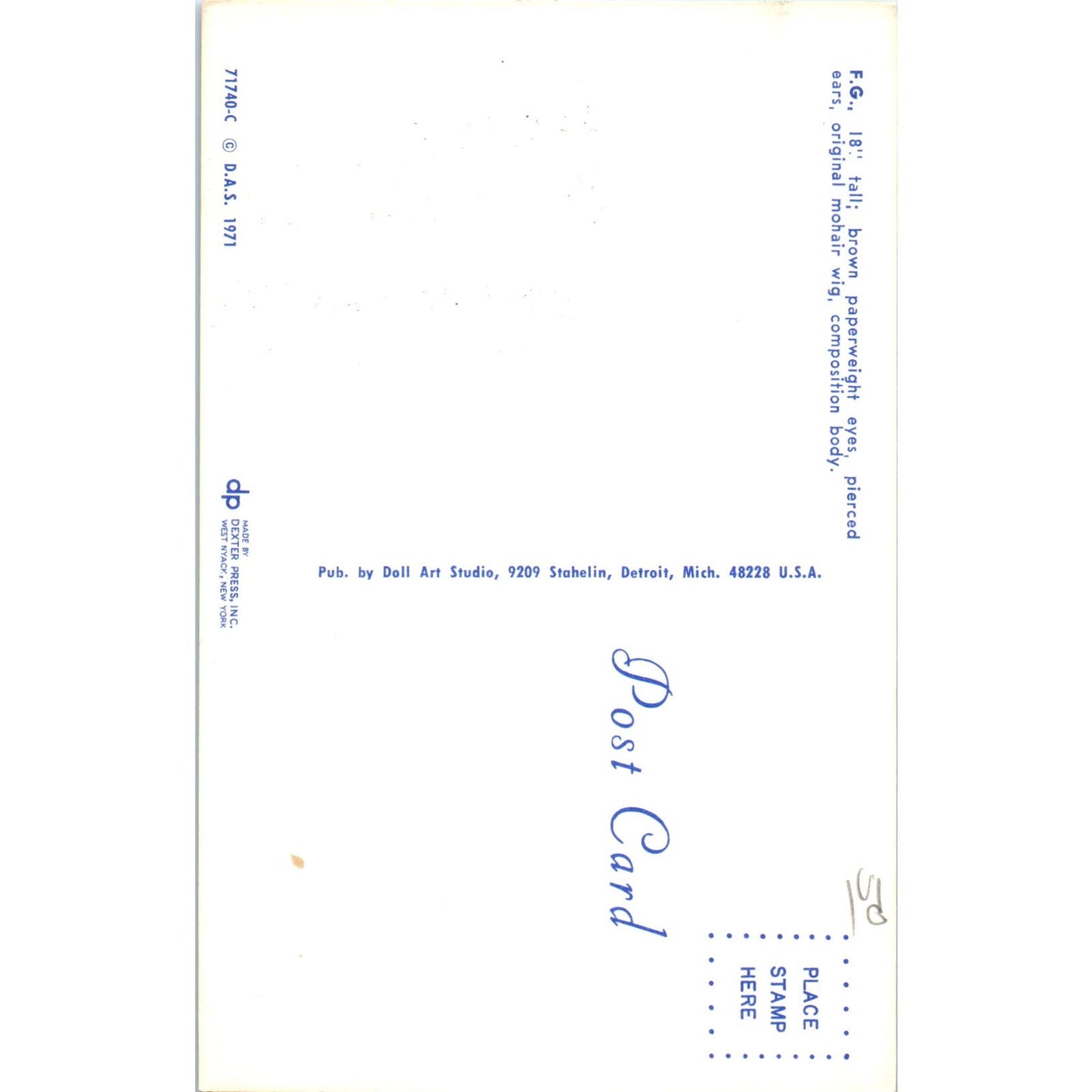 FG Brown Paperweight Eyes Composition Body Doll Art Studio 1971 Postcard PB6