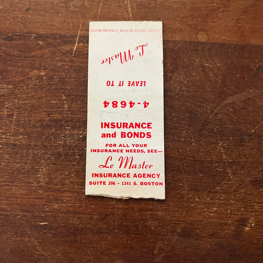 Le Master Ins. Agency Boston Advertising Matchbook Cover SB3-M6