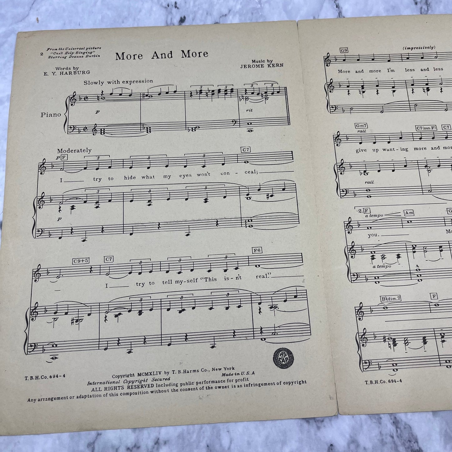 More and More Sheet Music Deanna Durbin Cant Help Singing Kern Harburg V38