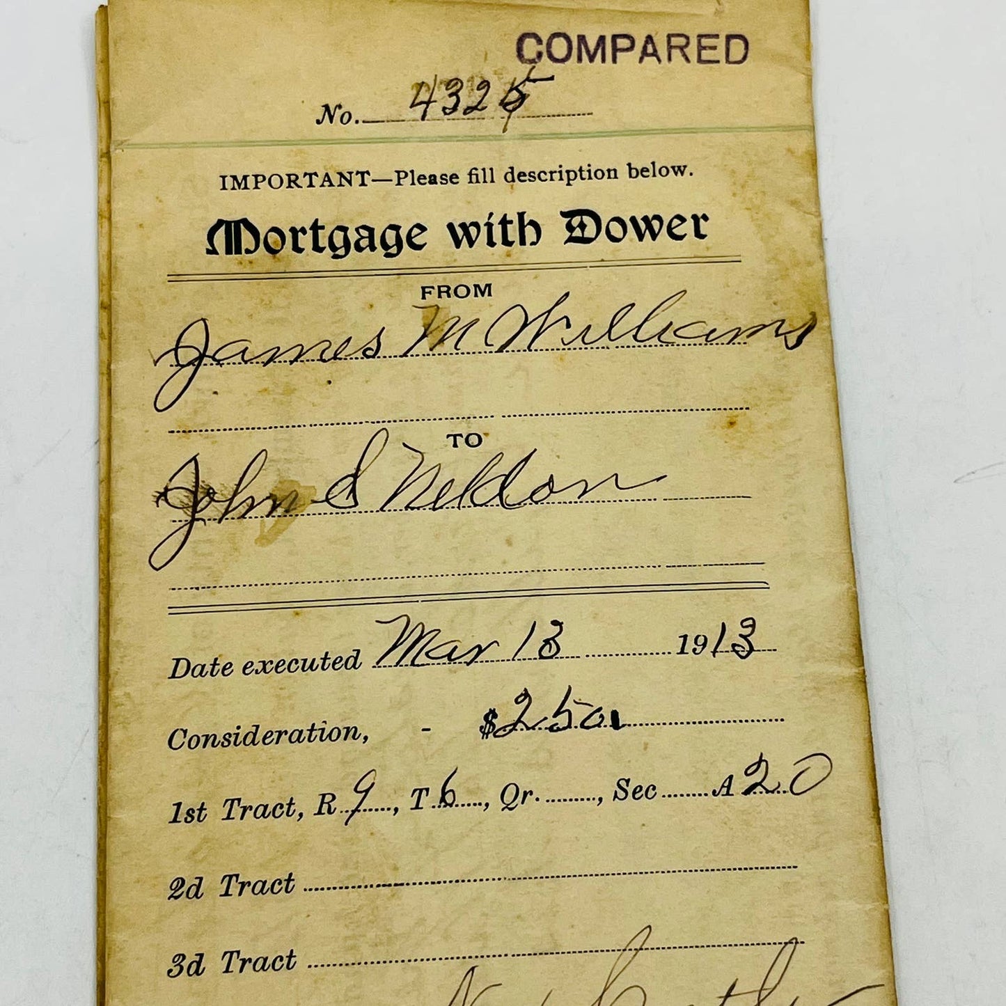 1913 Mortgage With Dower Deed John S Neldon Newcastle Ohio C12