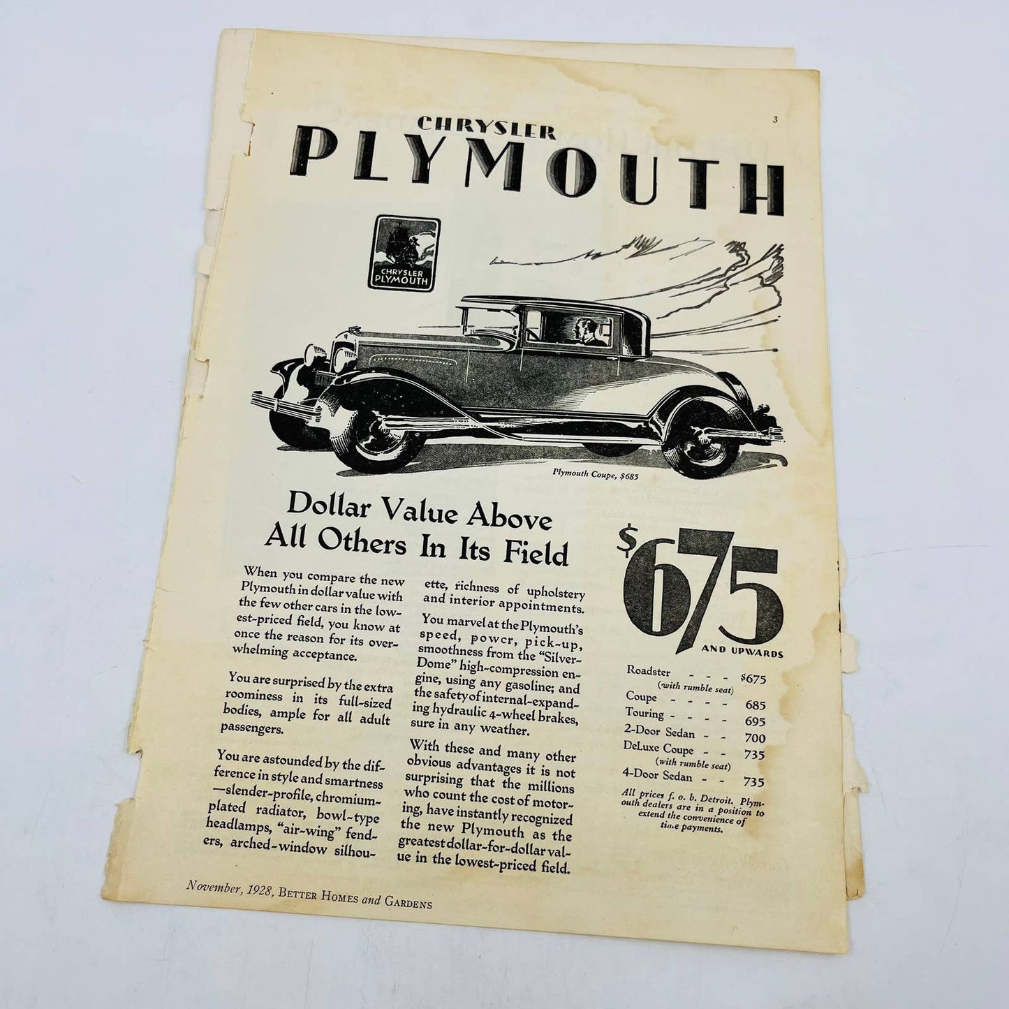 1928 Set of 4 Chrysler Plymouth Original Print Ads C13