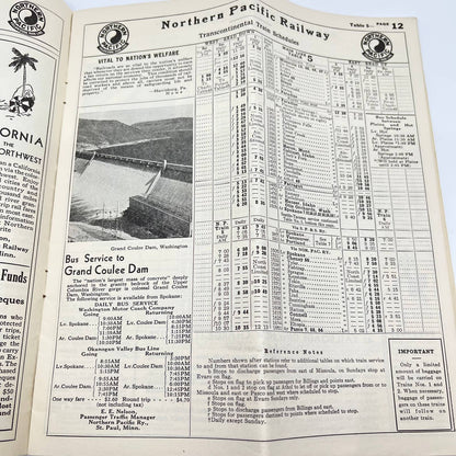 1947 Northern Pacific Railway VistaDome North Coast Passenger Train Schedule TF7