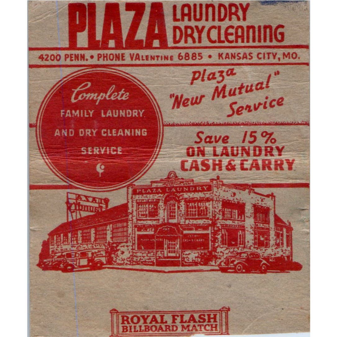 Plaza Laundry Dry Cleaning Kansas City Wide Advertising Matchbook Cover SA9-M7