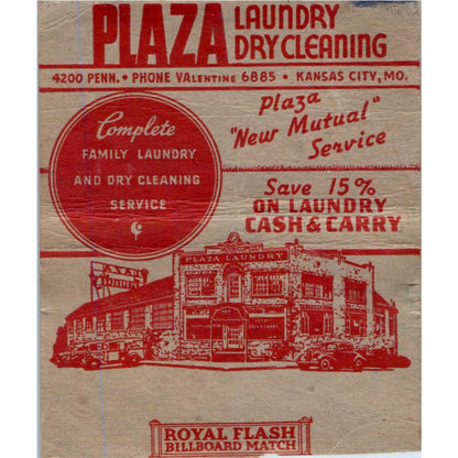 Plaza Laundry Dry Cleaning Kansas City Wide Advertising Matchbook Cover SA6-M7