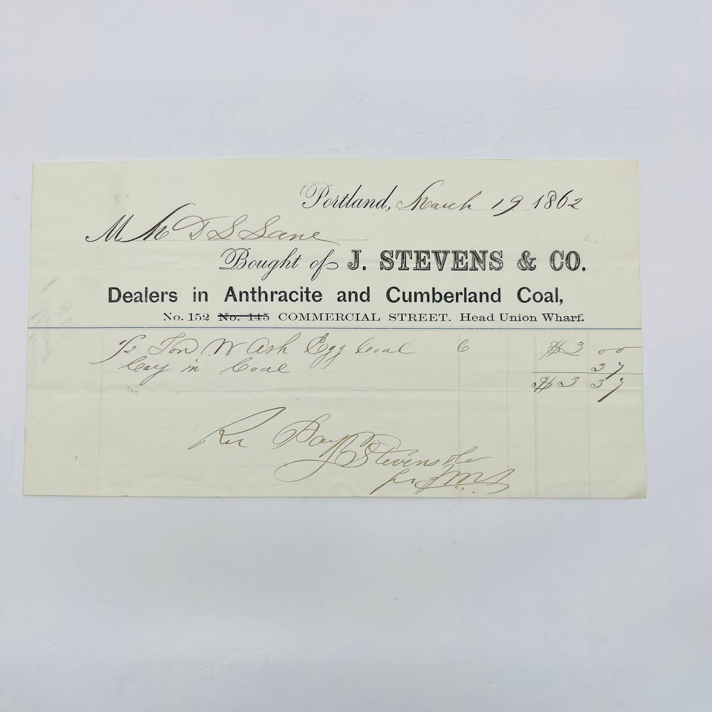 1862 Civil War J Stevens Anthracite & Coal Portland ME Letterhead Billhead AA5