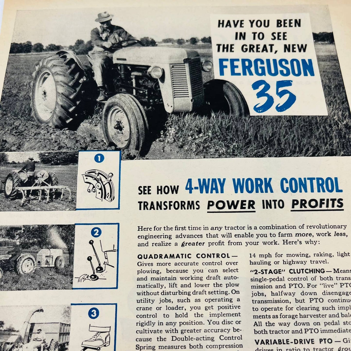 Vintage Advertisement FERGUSON 35 Tractor 4-Way Work Control Farmer Riding AA1
