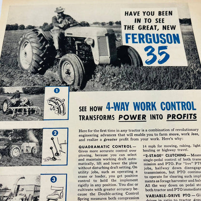 Vintage Advertisement FERGUSON 35 Tractor 4-Way Work Control Farmer Riding AA1