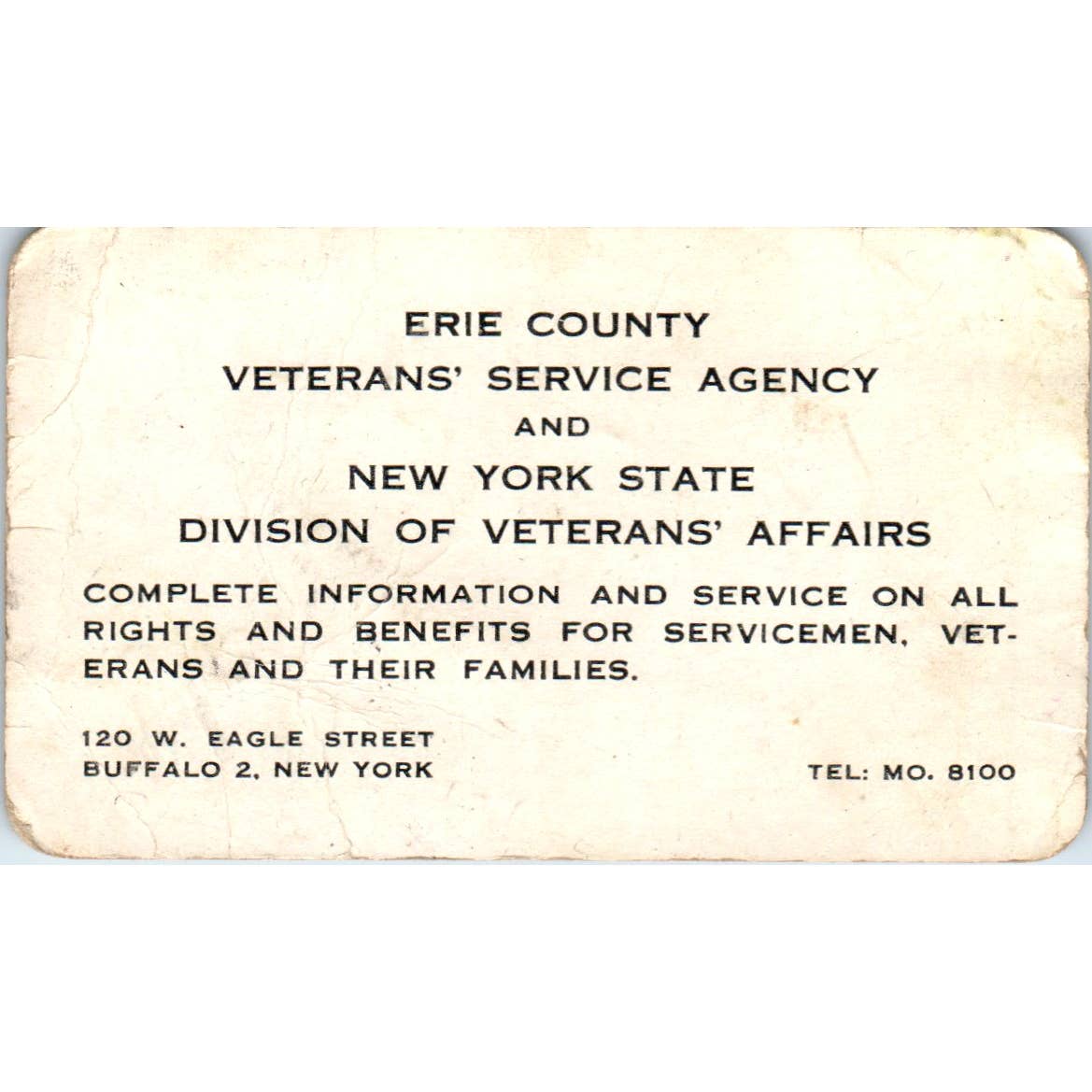 Antique Erie County Veterans' Service Agency & Division Veteran Affairs Card SE5