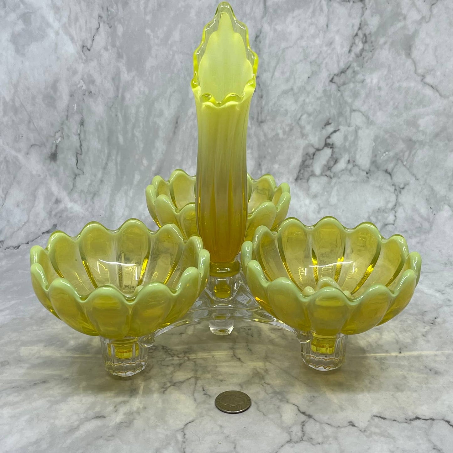 Fostoria Heirloom Opalescent Yellow Vaseline Glass Table Charm Set Glows TA9