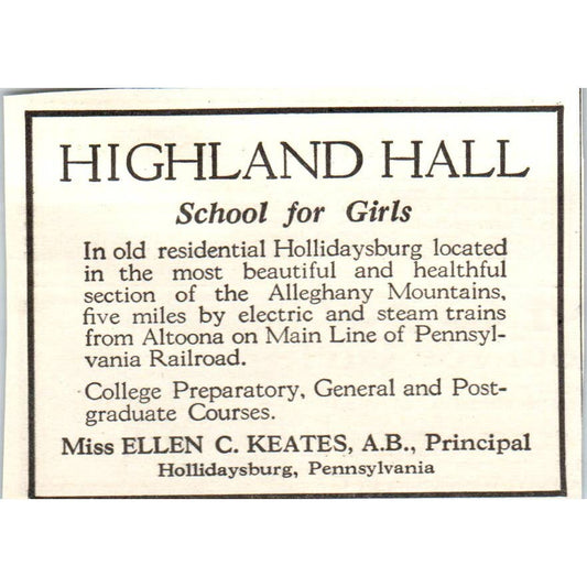 c1920 Harper's Ad - Highland Hall School Ellen C. Keates Hollidaysburg PA EA3-1