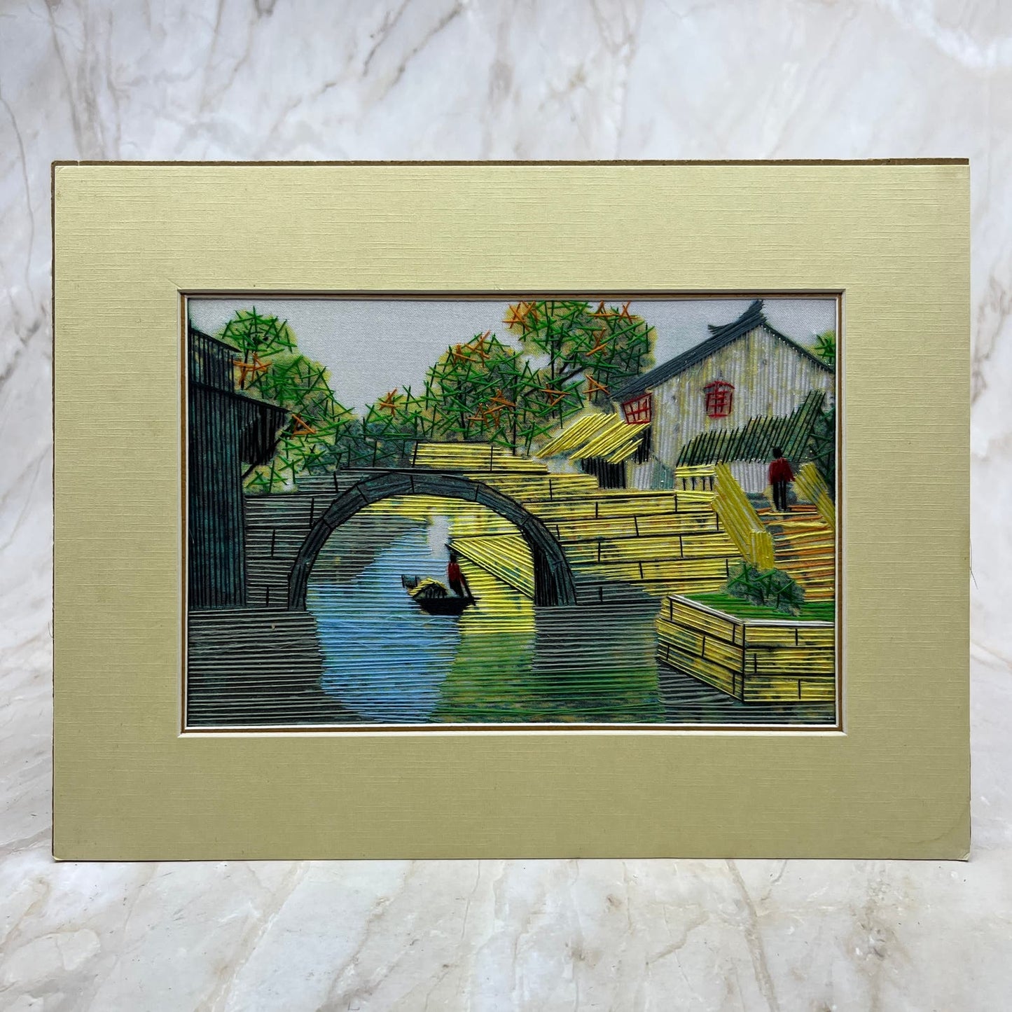 Vintage Unsigned Chinese String Wall Art Town Stone Bridge Water Canoe 7x9.5 TC9