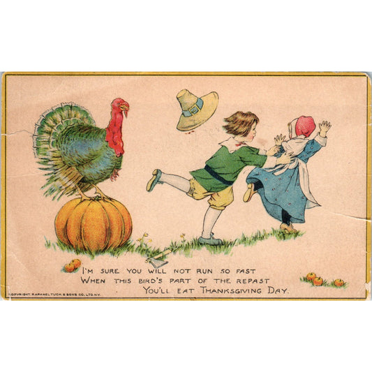Thanksgiving Turkey & Pilgrims Raphael Tuck c1910 Original Postcard P1-14
