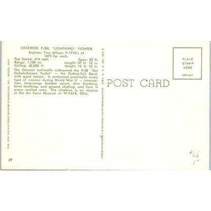 Lockheed P-38L Lightning Fighter WPAFB, Ohio Original Postcard P1-15