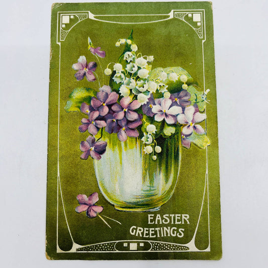 1910s Easter Post Card Art Deco Chromatic Green Lilly of the Valley Violets PA5