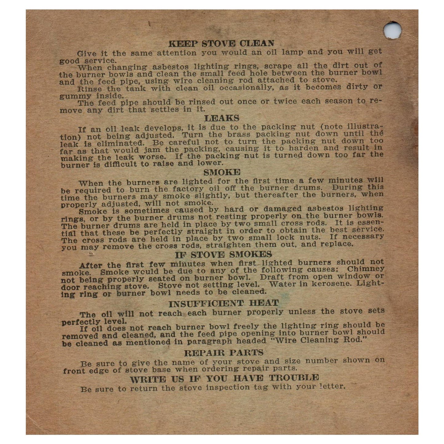 Antique Leaflet Card Directions for Using Valveless Wickless Oil Stoves SF3-5