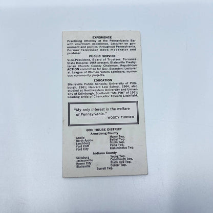 1960s Political Ad Card Harry Woodruff Turner General Assembly Armstrong PA SC3