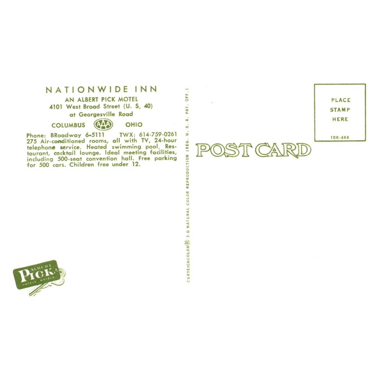 Vintage Postcard - Nationwide Inn Albert Pick Motel AAA Columbus Ohio TJ7-1