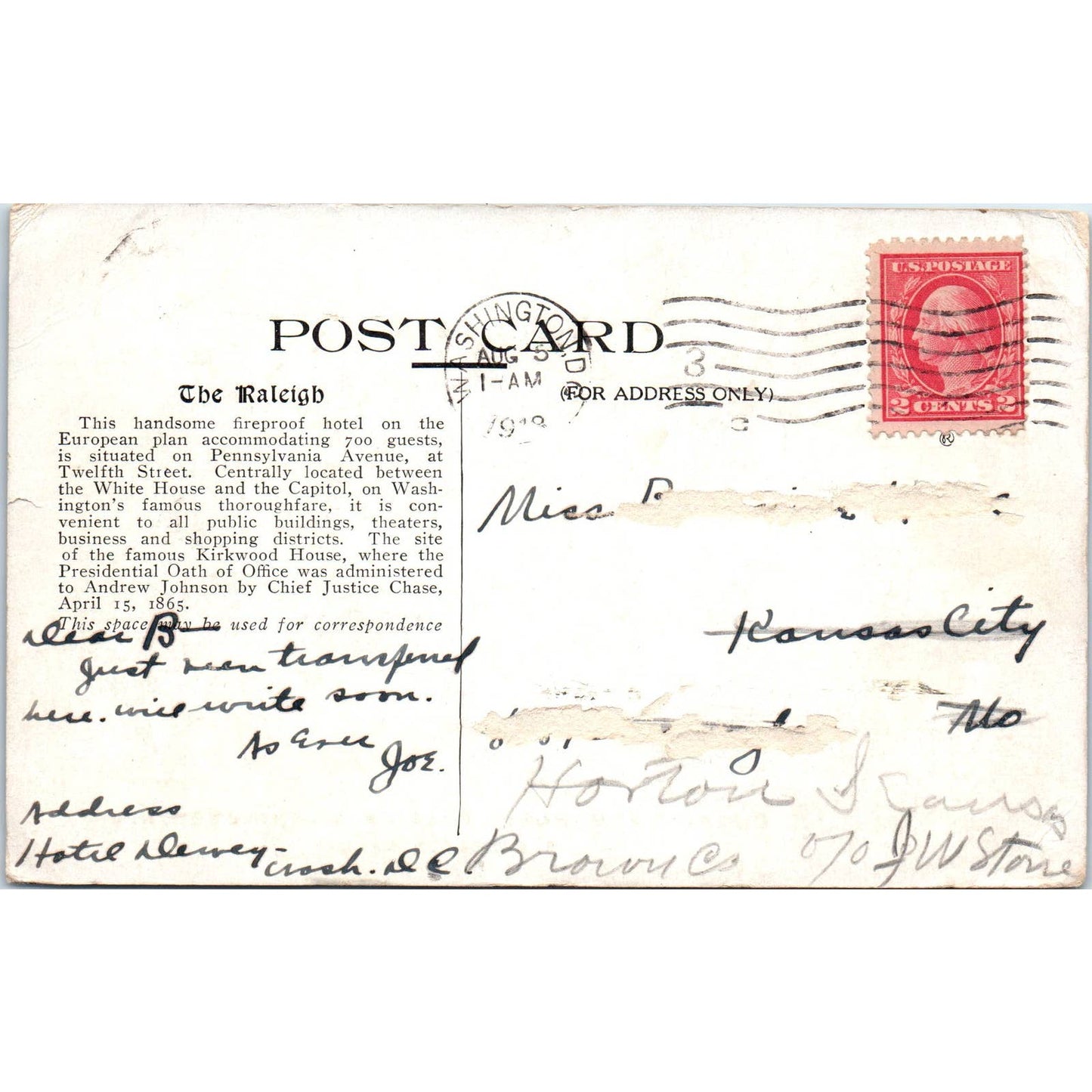 Hotel Raleigh Dining Room 1918 Washington D.C. Original Postcard TK1-P2