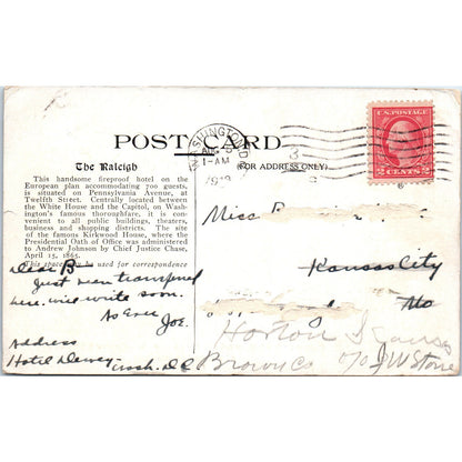Hotel Raleigh Dining Room 1918 Washington D.C. Original Postcard P1-16