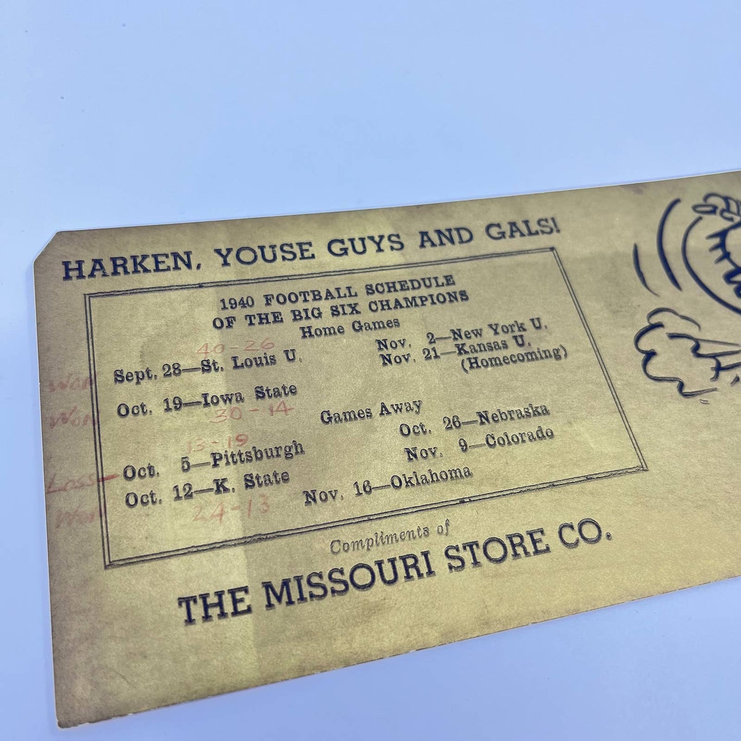 1940 Blotter Card The Missouri Store Mizzou Tigers Big 6 Football Schedule SC6