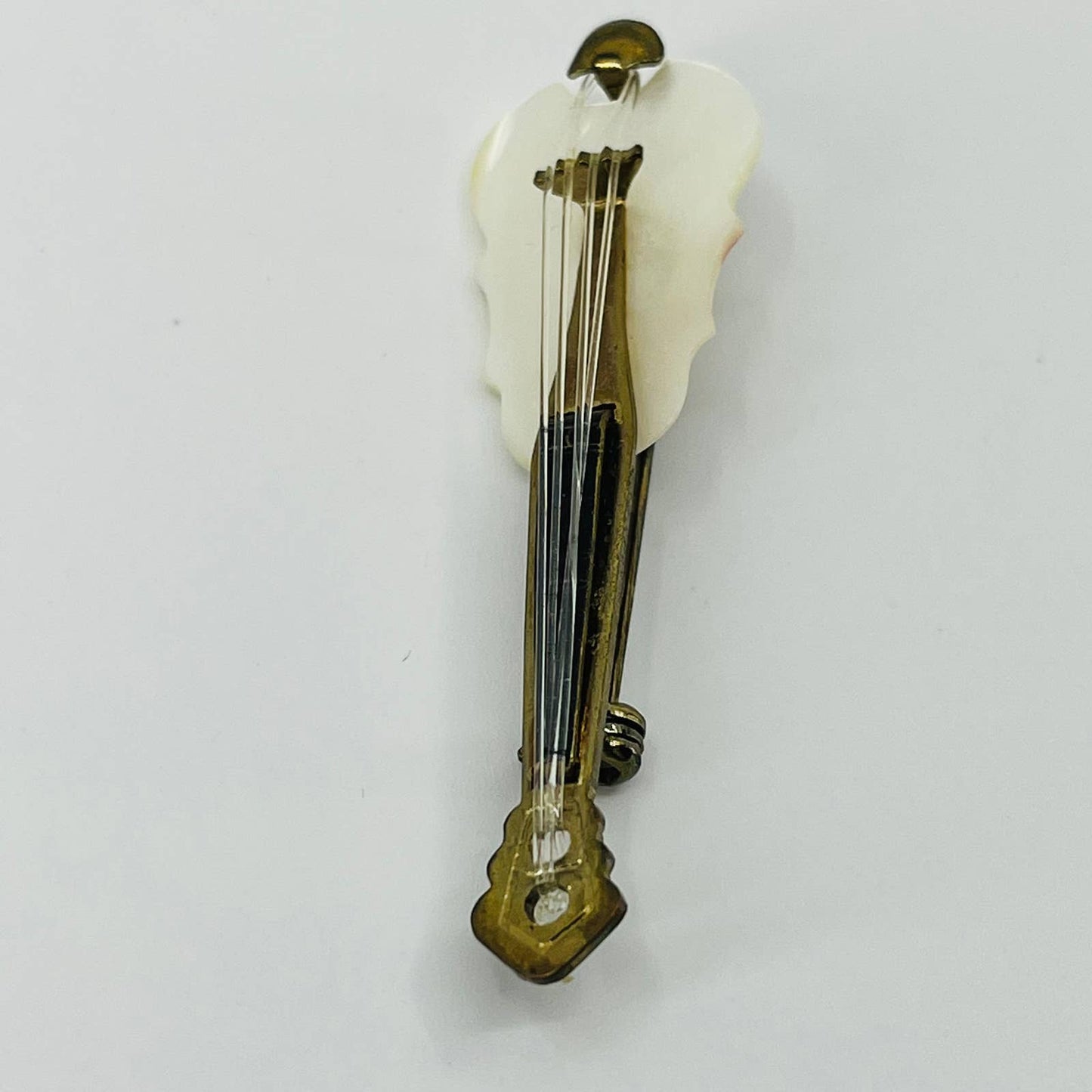 1930s Mother of Pearl Violin Pin Gold Tone Brooch SB2