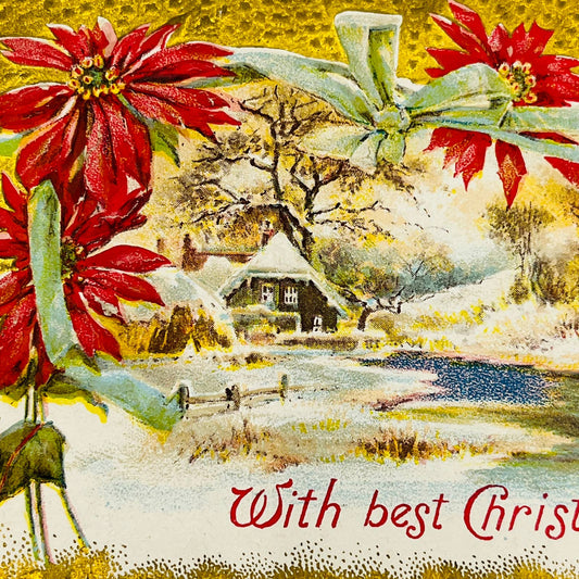 1910s Christmas Post Card Embossed Cottage Ribbon Poinsettias Snow Dresden PA4