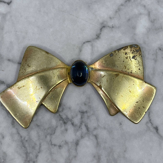 Vintage MCM Blue Glass & Brass Bow Pin Brooch 3” SE7