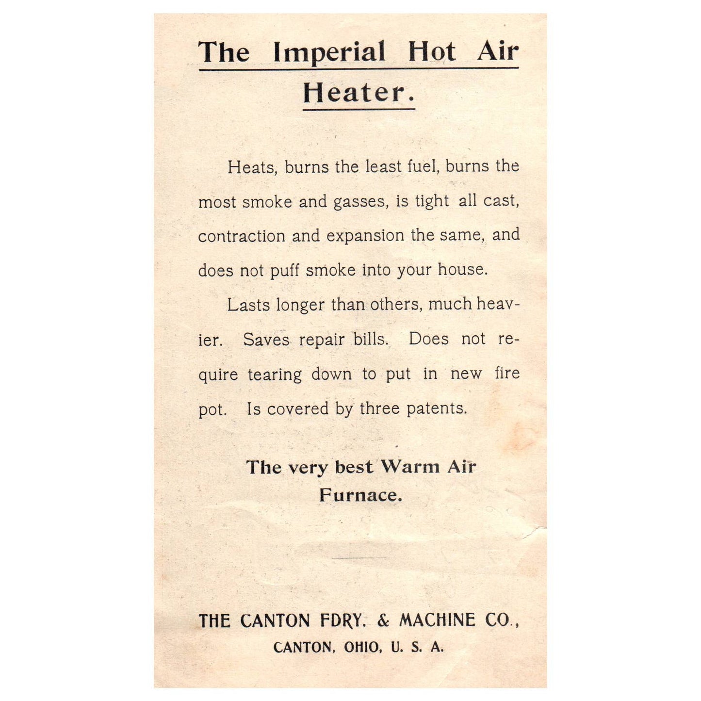 Antique Leaflet - The Canton Foundry Machine Co Imperial Warm Air Heaters OH AD8