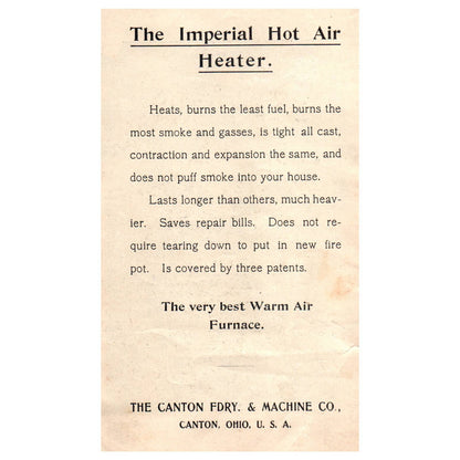 Antique Leaflet - The Canton Foundry Machine Co Imperial Warm Air Heaters OH AD8
