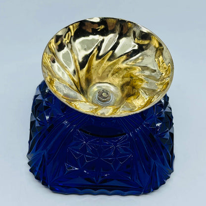 Vintage Cobalt Blue Cut Glass Silver Tone Footed Compote Dish 3.5 x 4.5” TD7