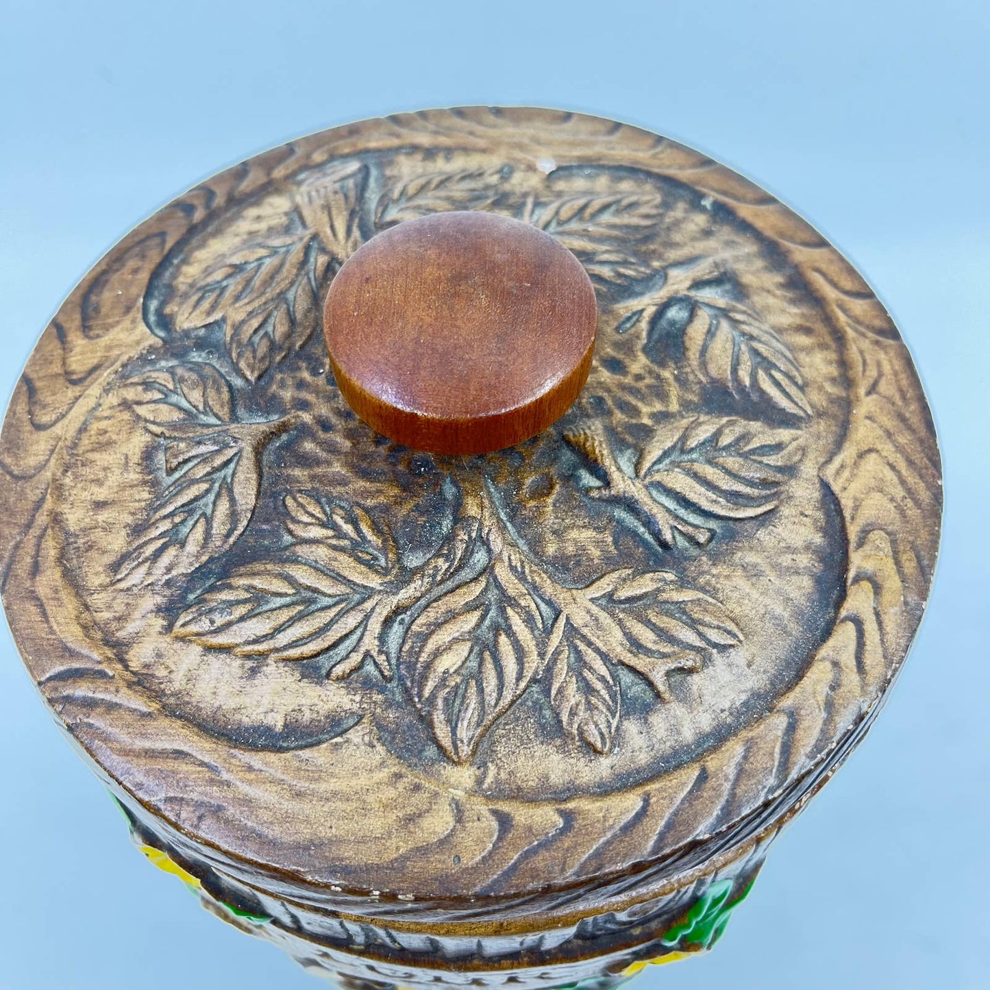 1960s Treasure Craft Owl Flour Canister Ceramic Brown Wood Grain USA TE8