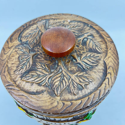 1960s Treasure Craft Owl Flour Canister Ceramic Brown Wood Grain USA TE8