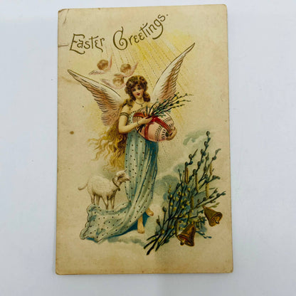 1910s Easter Post Card Embossed Angel Holding Egg Lamb Dresden Bells PA5