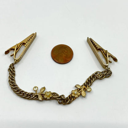 Vintage Art Nouveau Gold Tone Cape Chain Floral Rhinestones SD4