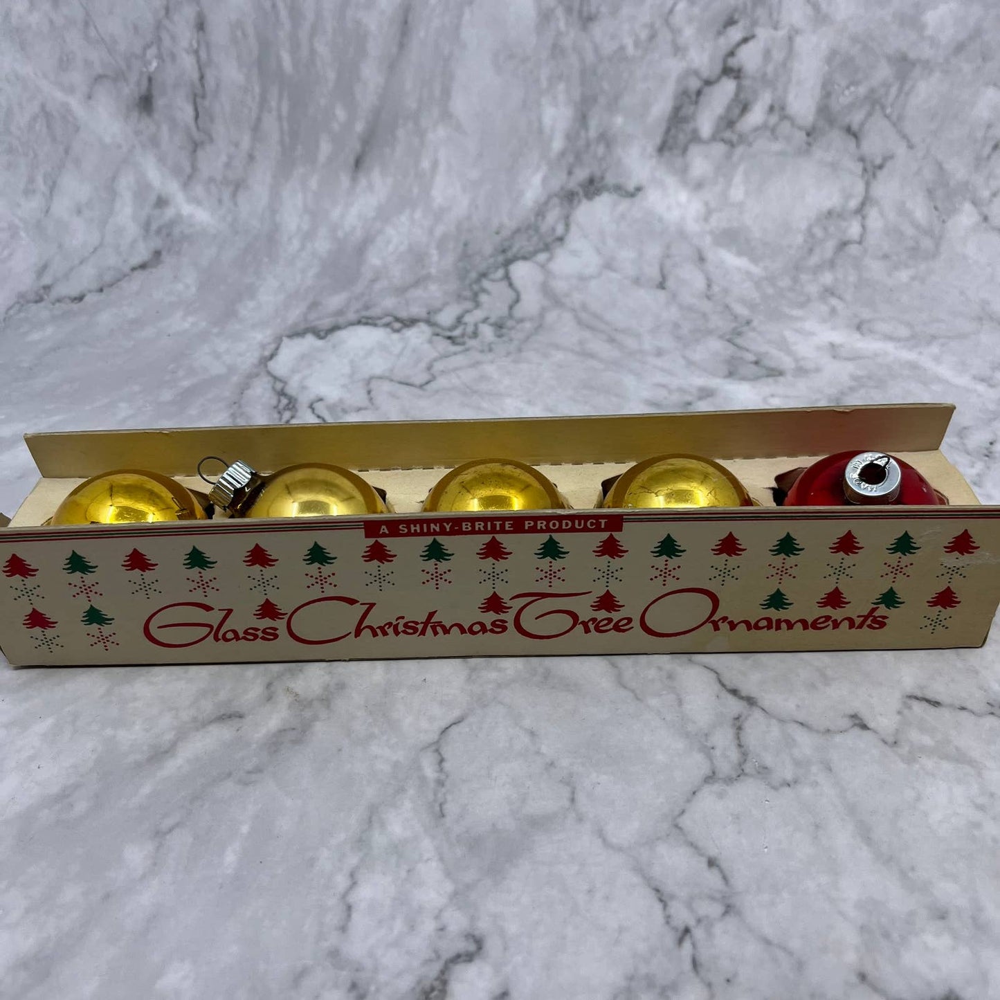 Shiny Brite Mini Mercury Glass Christmas Tree Ornaments Set of 5 in Box Gold Red
