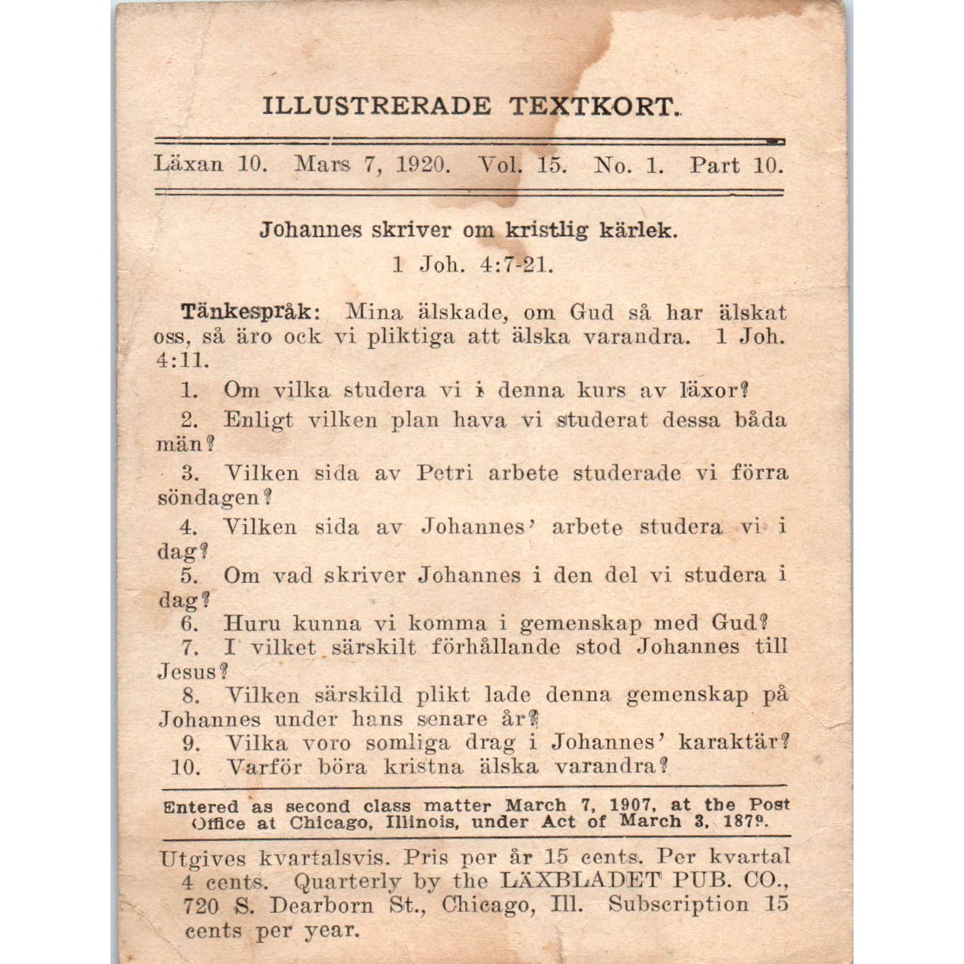 1920 Christian GERMAN Lesson Picture Card We Ought Also to Love One Another SE5