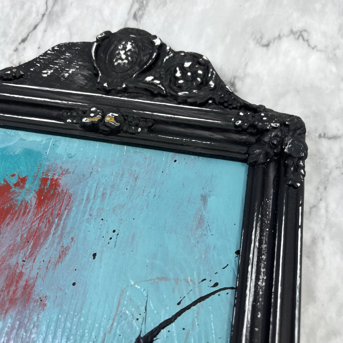 Original Framed Abstract Art Painting 14x8 “Teal in Victorian Frame” w/ COA