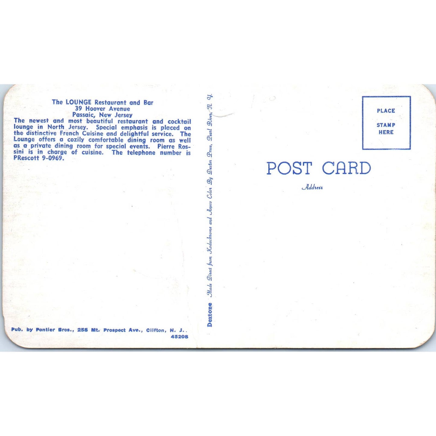 The Lounge Restaurant and Bar Dining Room Passaic NJ Original Postcard TK1-P1