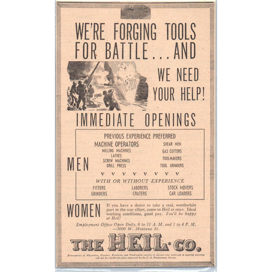 c1942 WWII Print Ad The Heil Co Job Openings Machine Operators Forging Tools AD4