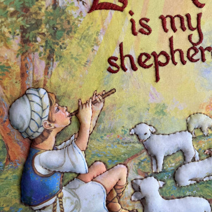 1982 Kitsch Puffy Fabric Embroidery THE LORD IS MY SHEPHERD Picture 13x17”