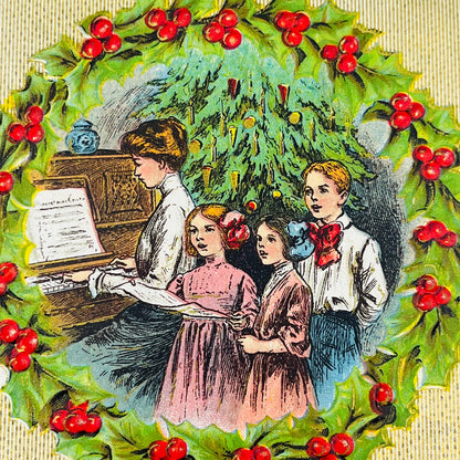 1910s Christmas Post Card Embossed Children Caroling Tree Piano Scroll Gilt PA4