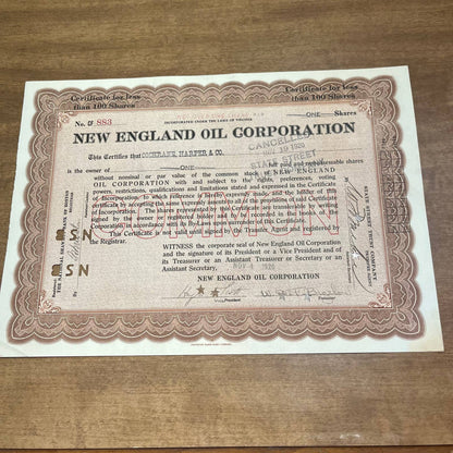 Antique 1920 Stock Certificate New England Oil Corporation Bank of Boston B5