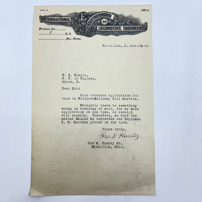 1926 International Brotherhood of Locomotive Engineer Letterhead Massillon AB2