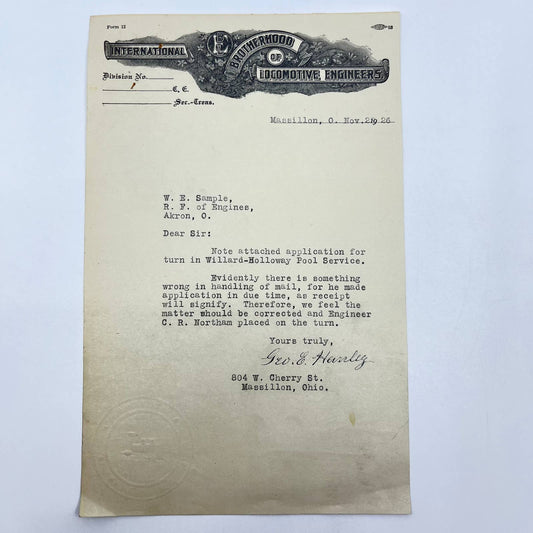 1926 International Brotherhood of Locomotive Engineer Letterhead Massillon AB2