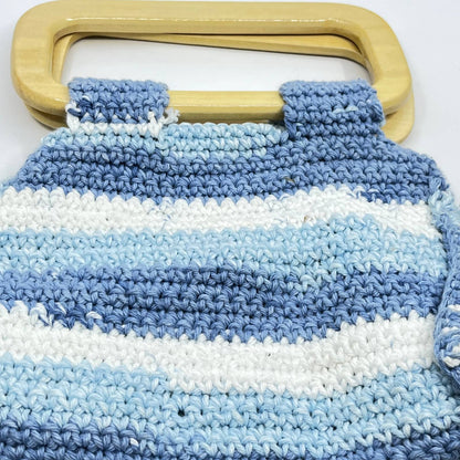 Vintage Handmade Crocheted Beach Purse Handbag Wood Handle 9” TC6