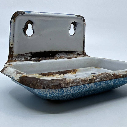 Antique Speckled Graniteware Wall Mount Soap Dish Blue Bath Kitchen TH6