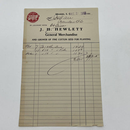 1913 J.H. Hewlett Letterhead General Merchandise Cotton Seed Allendale SC AB9-1