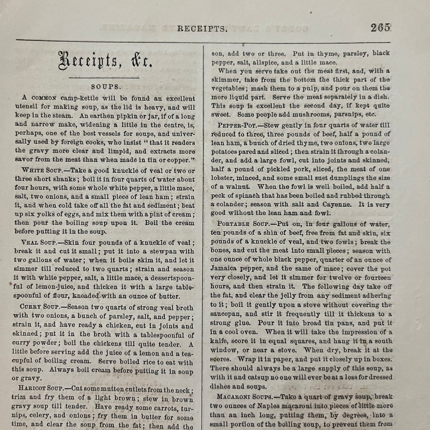 1861 Original Recipes (Receipts) Soups, Sandwiches Godey's Lady's Book D4-5