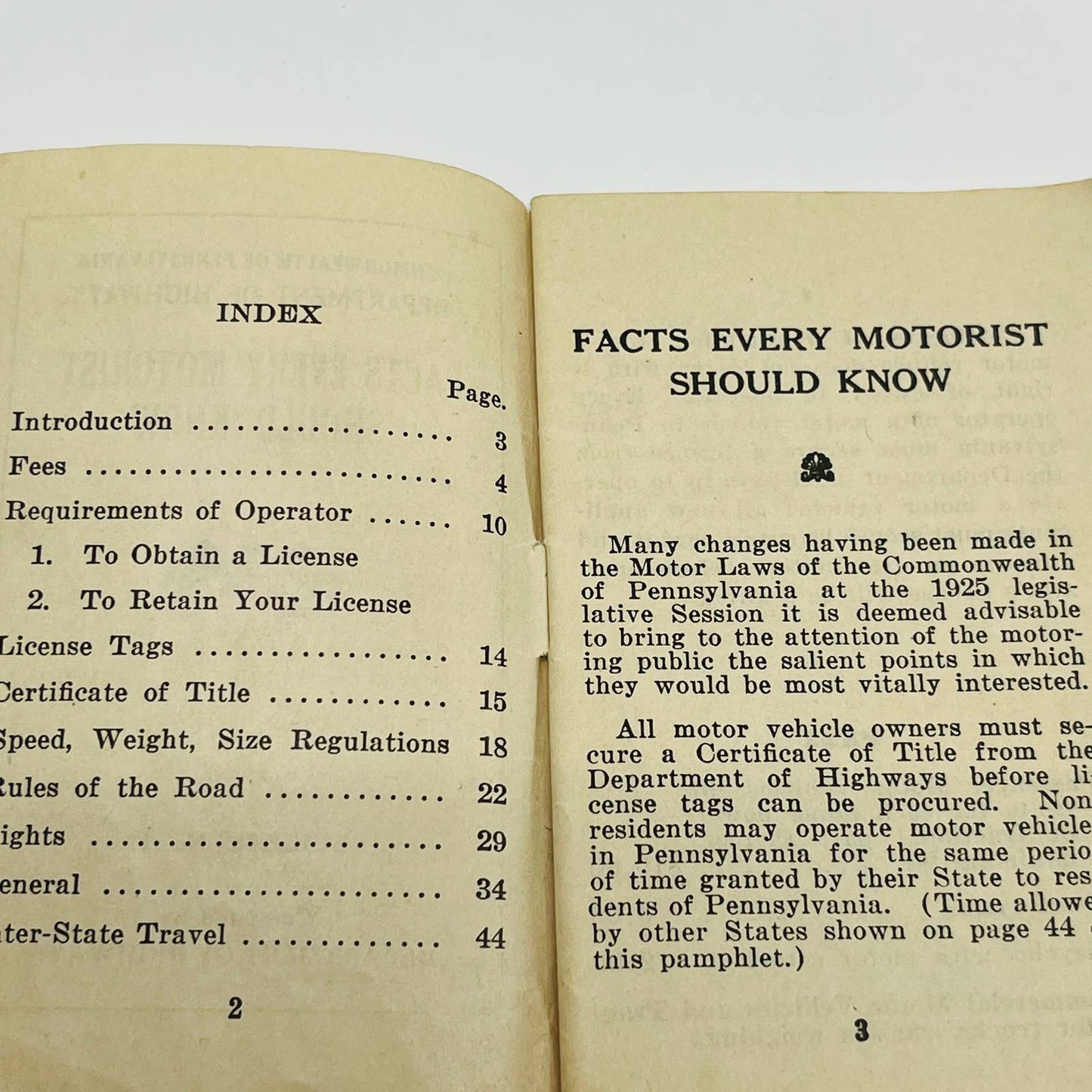 1925 Booklet Facts Every Motorist Should Know Commonwealth of Pennsylvania SC2